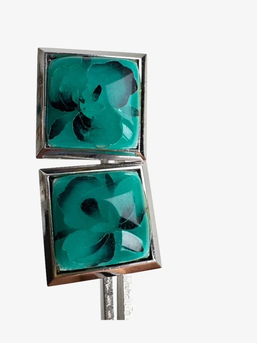 Vintage Cloisonne Enamel Cufflinks Green Floral Silver Tone Square Mens Gift